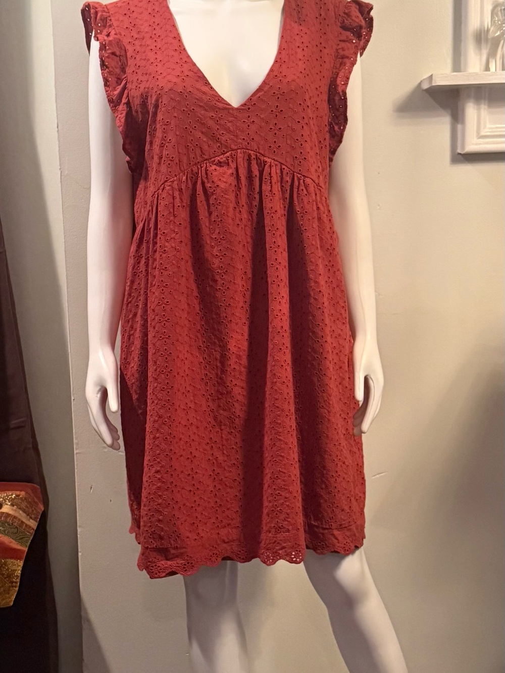 Knox Rose Rust Eyelet V-Neck Babydoll Mini Dress